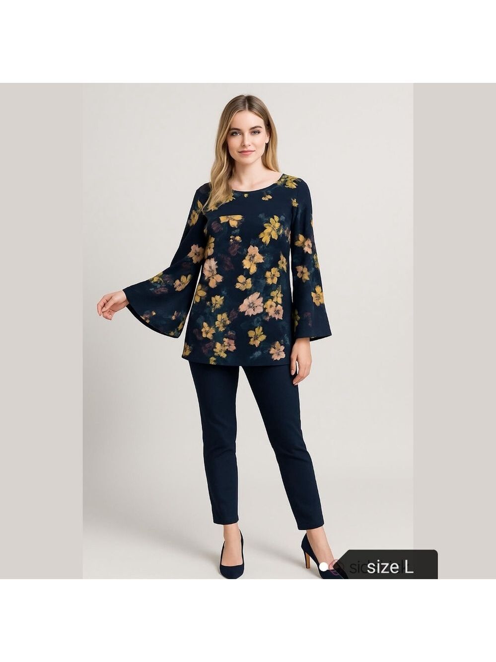 Nina Leonard Navy Blue Floral Jersey Top Large